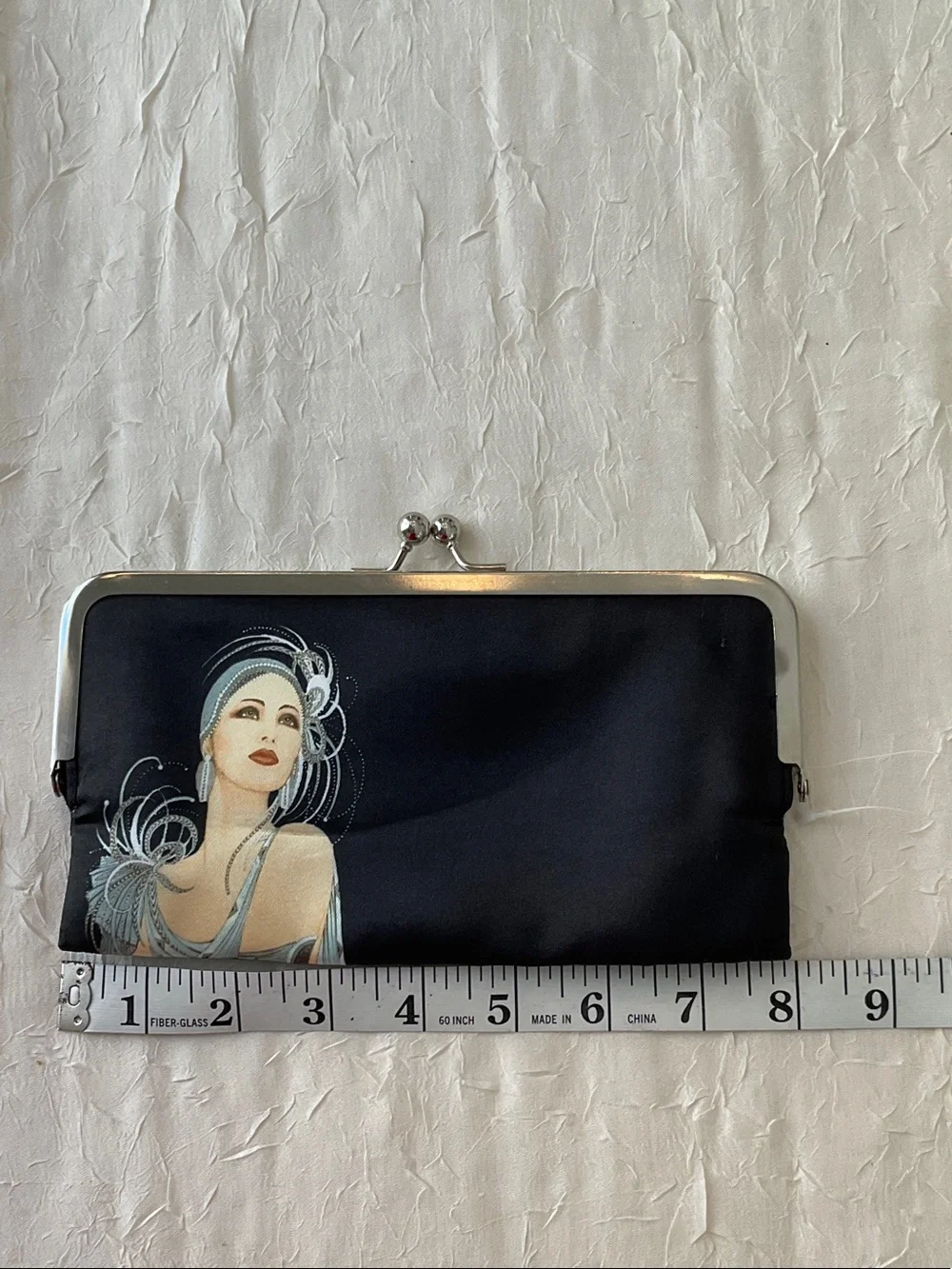 Vintage-Inspired Black Clutch with Art Deco Portrait